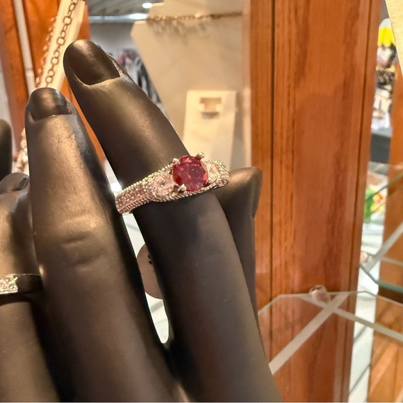 Radiant Red and Silver Gemstone Ring CZ stones Size 9 NWT - Picture 1 of 5